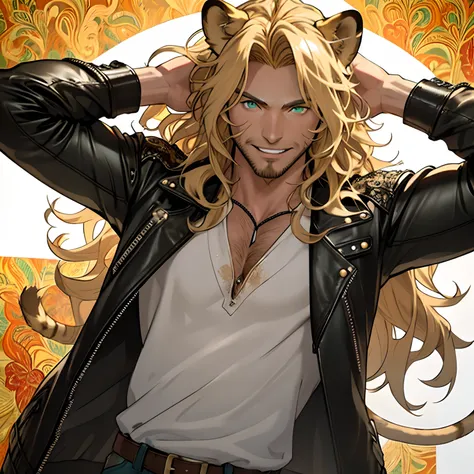 leather jacket, One male, lion ears, long hair, blond, blond hair, green eyes, tall, muscular, white shirt, beautiful face, highest quality, masterpiece, 3d, anime, perfect face, highest detail, feline eyes, stubble, lion tail, wavy hair, cowboy shot, deta...