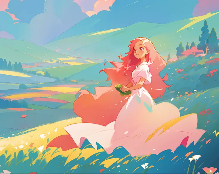 beautiful girl in white flowing dress, long flowing red pink gold hair, wide open field meadow background, watercolor illustration, disney art style, beautiful digital illustration, fantasia otherworldly landscape plants flowers, beautiful, masterpiece, be...