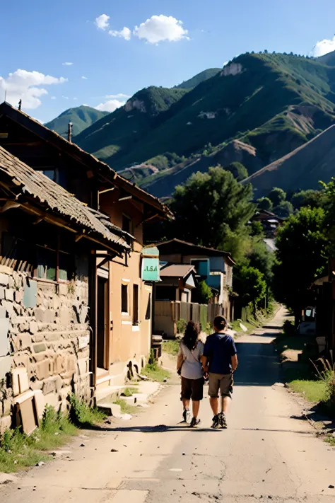 little abandoned town in the middle of the valley, in the afternoon, two persons walking