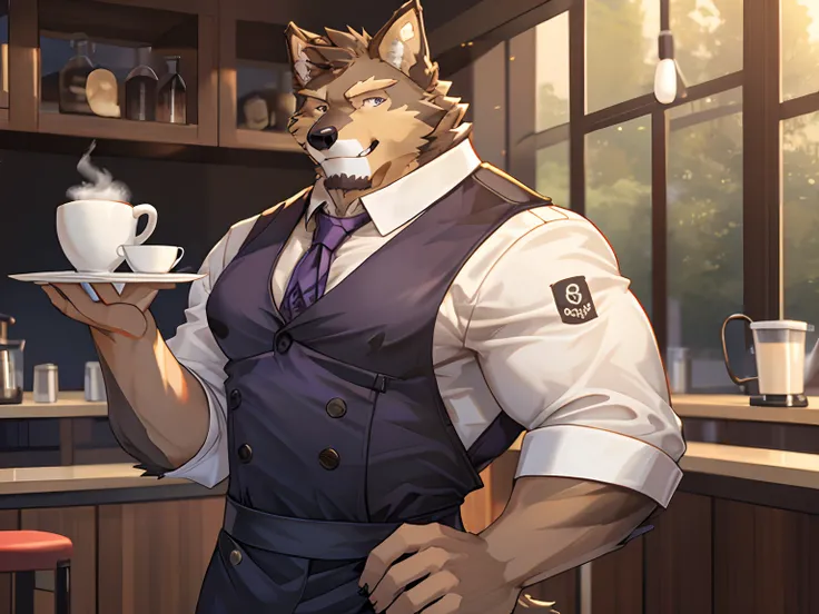 Pubraseer, Furry German shepherd dog, Brown Furs, Two Toned Colors, Purple Detailed Eyes, Muscular body, handsome, good looking, Waiter Set, Smirking, cool pose, Coffee, Morning Cafe Background.