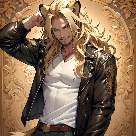 leather jacket, One male, lion ears, long hair, blond, blond hair, green eyes, tall, muscular, white shirt, beautiful face, highest quality, masterpiece, 3d, anime, perfect face, highest detail, feline eyes, stubble, lion tail, wavy hair, cowboy shot, deta...