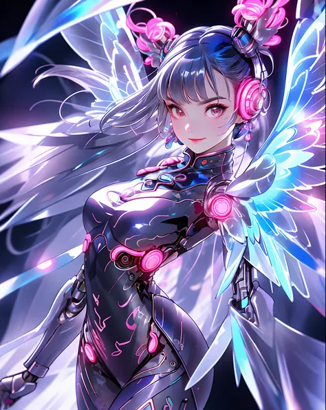 1 girl, chinese_clothes, liquid silver and pink, cyberhan, cheongsam, wings, cyberpunk city, dynamic pose, glowing headphone, gl...