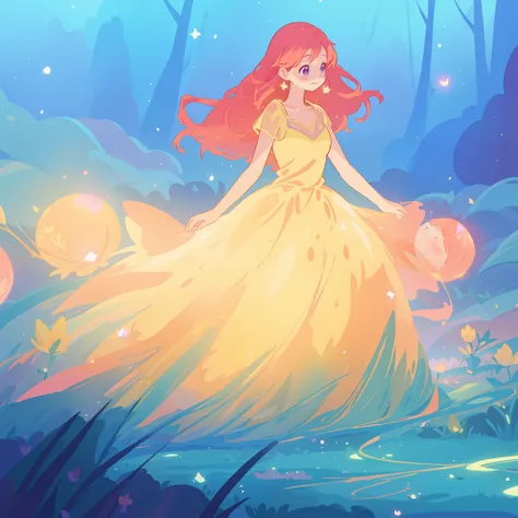 beautiful girl in glowing golden ballgown, long flowing red pink hair, fantasia magical forest background, watercolor illustration, disney art style, glowing aura around her, glowing lights, beautiful digital illustration, fantasia otherworldly landscape p...