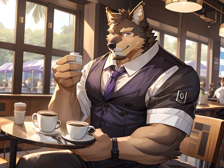 Pubraseer, Furry German shepherd dog, Brown Furs, Two Toned Colors, Purple Detailed Eyes, Muscular body, handsome, good looking, Waiter Set, Smirking, cool pose, Coffee, Lunch, Morning Cafe Background.