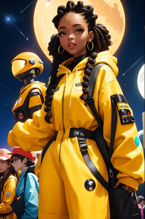 best quality, highres, solo, deep ebony 1girl, beautiful face, {{ box braids / afro / braided hair / curly hair }}, black lips, a female character is wearing a yellow and black colored outfit with a backpack and a yellow hoodie jacket, dark black and yello...