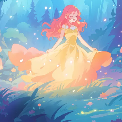 beautiful girl in glowing golden ballgown, long flowing red pink hair, fantasia magical forest background, watercolor illustration, disney art style, glowing aura around her, glowing lights, beautiful digital illustration, fantasia otherworldly landscape p...