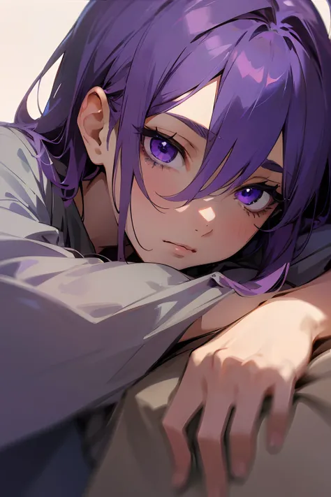 anime boy 23 years old beautiful detailed purple eyes,long eyelashes, short purple hair,gentle expression,natural lighting,soft colors,subtle shading,expressive eyes,