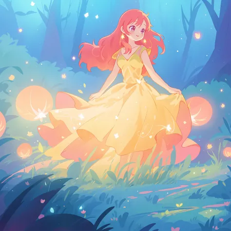 beautiful girl in glowing golden ballgown, long flowing red pink hair, fantasia magical forest background, watercolor illustration, disney art style, glowing aura around her, glowing lights, beautiful digital illustration, fantasia otherworldly landscape p...