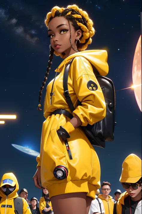 best quality, highres, solo, deep ebony 1girl, beautiful face, {{ box braids / afro / braided hair / curly hair }}, black lips, a female character is wearing a yellow and black colored outfit with a backpack and a yellow hoodie jacket, dark black and yello...