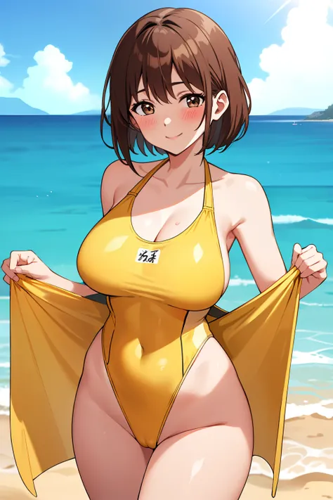 1girll, with short brown hair, Brown eyes, Cowboy shot, Yellow swimsuit, Yellow belt, One-piece swimsuit, Smile, Blush, beach, Large breasts, Deep-chested swimsuit, Highleg Plunge swimsuit