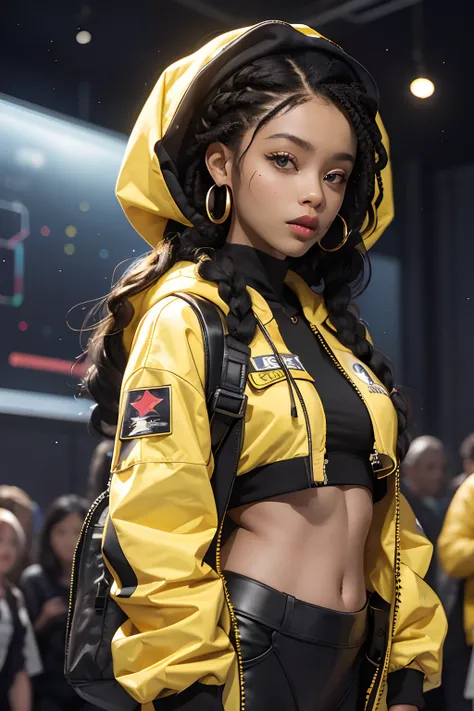 best quality, highres, solo, deep ebony 1girl, beautiful face, {{ box braids / afro / braided hair / curly hair }}, black lips, a female character is wearing a yellow and black colored outfit with a backpack and a yellow hoodie jacket, dark black and yello...