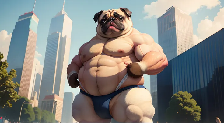 Gigantic Musclegut pug standing next to a skyscraper, growing bigger