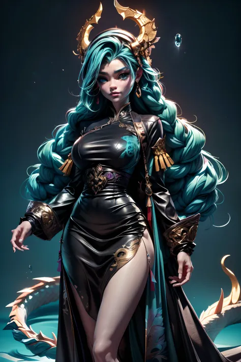 *8k Masterpiece, Top Quality, Best Quality, Official Art, (Beauty and Aesthetics: 1.3), Extremely Detailed, (Fractal Art: 1.3), Colorful, Ice and Chinese Dragon, Serpentine Body, Claw, Cyan and 1 Woman, Han Womans Media, Hanfu, Cyan