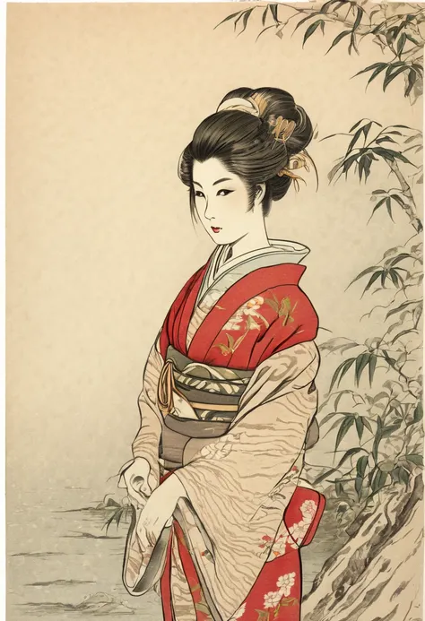 (old engraving,color engraving,cup of cold tea,japanese beautiful girl,japanese ink drawing,detailed eyes,red kimono,serene expression,fine lines,cultural background,antique style,nature scenery,traditional teaware,delicate features,flowing hair,peaceful a...