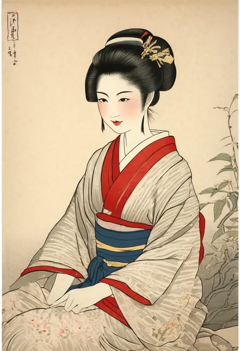 (old engraving,color engraving,cup of cold tea,japanese beautiful girl,japanese ink drawing,detailed eyes,red kimono,serene expression,fine lines,cultural background,antique style,nature scenery,traditional teaware,delicate features,flowing hair,peaceful a...