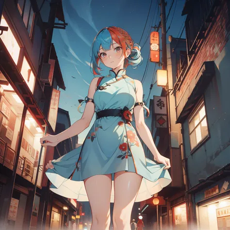 (masutepiece,Best Quality,8K),(extremely detailed CG1.1),1 girl,deadpan,large boob,Underpass,nighttime scene,(From below:1.2),Summer light,Intricate details , Hyper realistic, Perfect Anatomy,Red Eyes,Bun,((((((lightblue hair)))))),Bangs,hair slicked back,...