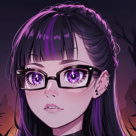 Twilight sparkle, goth girl, autumn forest background, detailed, detailed, detailed, beautiful, detail, goth girl, masterpiece, glasses, dark night background, gothic, goth, goth, detailed, goth girl, piercings, detailed face, looking viewer, Twilight spar...