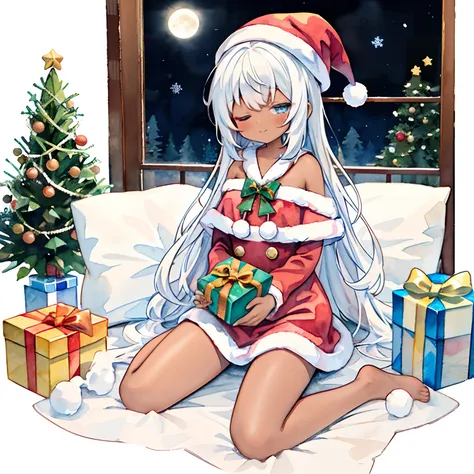 Animal ears, Blue eyes, hat, Christmas tree, Long hair, Barefoot, santa hat, Dark skin, Christmas, dark skinned female, window, Smile, PILLOWS, White hair, Looking at Viewer, gift, Fur trim, Very long hair, Moon, Closed eyes, 2girls, Indoors, Multiple girl...