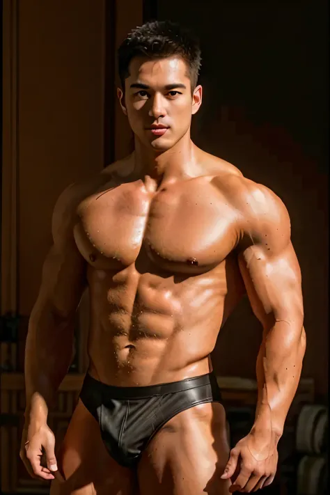 1人, 
a 30 y.o Muscular males，Well-developed pectoral muscles, abdominal muscles, wearing leather shoes,  full bodyesbian, 
Soft lighting, 
Masterpiece, Best quality, 8K  UHD, Digital SLR, filmgrain, Fujifilm XT3 The art of realistic painting，Composed by Mi...