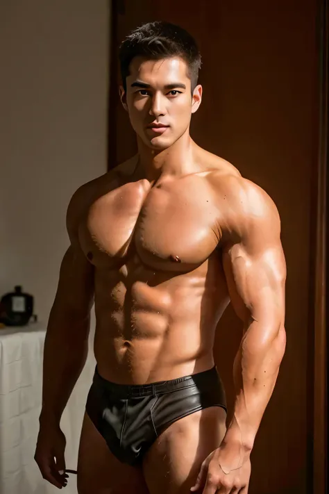 1人, 
a 30 y.o Muscular males，Well-developed pectoral muscles, abdominal muscles, wearing leather shoes,  full bodyesbian, 
Soft lighting, 
Masterpiece, Best quality, 8K  UHD, Digital SLR, filmgrain, Fujifilm XT3 The art of realistic painting，Composed by Mi...