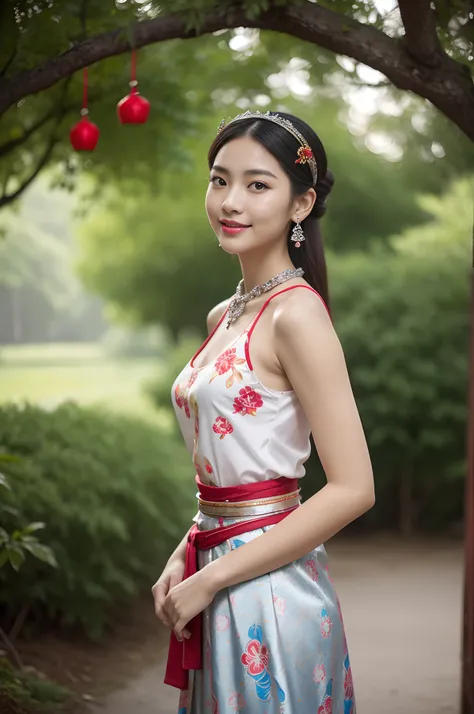 （8K分辨率，Vista full body photo），（1womanl，20yr old，（Facial features of Thai Aum：1.8，s delicate face），详细的脸，Redlip，Fair smooth skin，（Classic Hmong costume：1.4，（nedium breasts、The back is decorated with floral fabric，The cuffs are multi-colored horizontal strips...