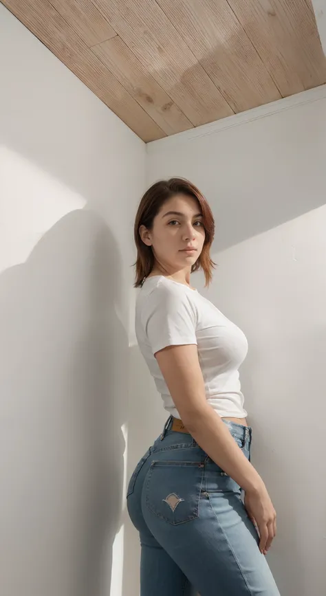 (La mejor calidad, Altas Resoluciones, Ultra detallado), Mujer apoyada contra la pared, Foto lateral, Looking at the camera, Llevar una camisa blanca y jeans, Postura lateral, Disparo lateral, Piernas gruesas, Curvaceous Body, pose coqueta, Posando