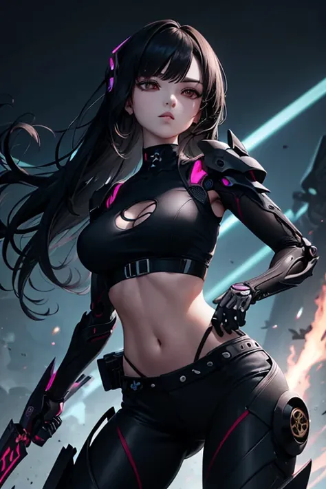 e-girl, exo skeleton body, intricate mech detail,  black crop top, bio mechanical, wielding weapon, striking pose