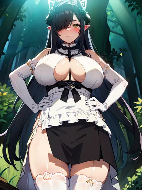 masterpiece, best quality, extremely detailed, 1girl, mature female, solo, tio, (gigantic breasts:1.1), (((black hair, very long hair, hair over one eye, yellow eyes, slit pupils, pointy ears))), parted lips, (((mechanical horns, outfit-august, elbow glove...