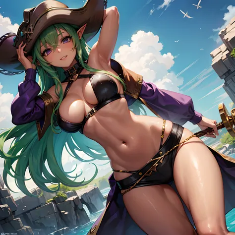 1girl, Green hair, long hair, purple eyes, dark skin, elf, pirate, large breasts, sex, cowgirl