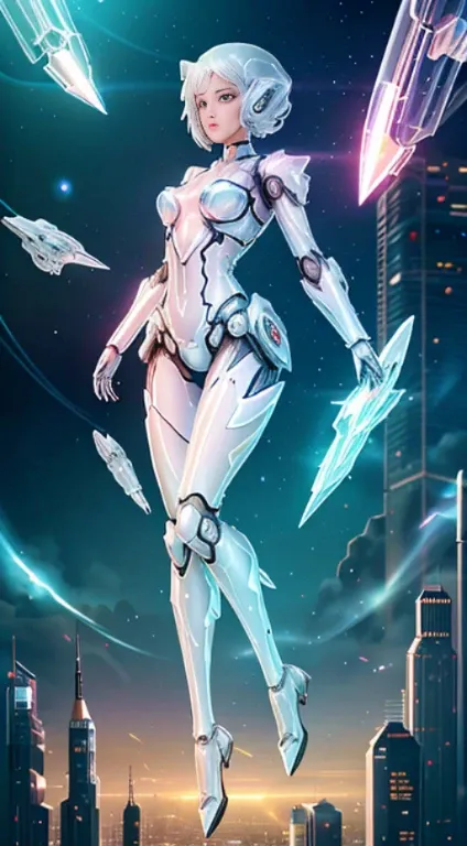 Movie poster style，poster for，Translucent ethereal mechanical girl，Futuristic girl，Mechanical joints，futuristic urban background