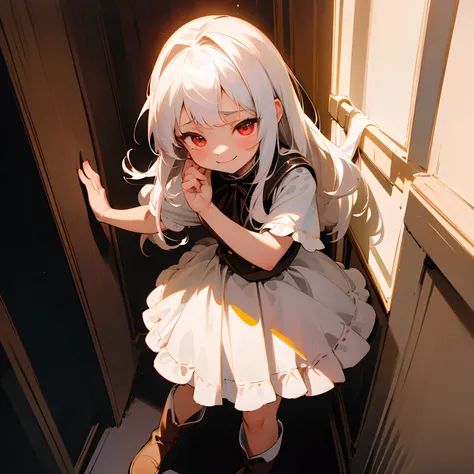 Perfect Detail,8K image quality,1 little girl,In the house closet,Hide quietly(Dark space),hide,long white hair, Jubilant face,perfect hand,better shadows, Better light, Improved facial detail, Red Eyes, White ruffles, Leather boots,natta,emotive(Joy)