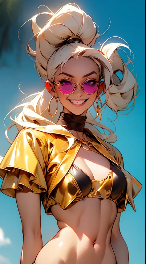 tmasterpiece，（tmasterpiece，top-quality，best qualityer），1girll， jewely，耳Nipple Ring，choker necklace，bangle，  hoop earings， circle glasses，sun glasses， Long hair and long meat， Blonde hair，Black color hair，Silvery-white hair，Maroon hair， 独奏，  ssmile，  lookin...