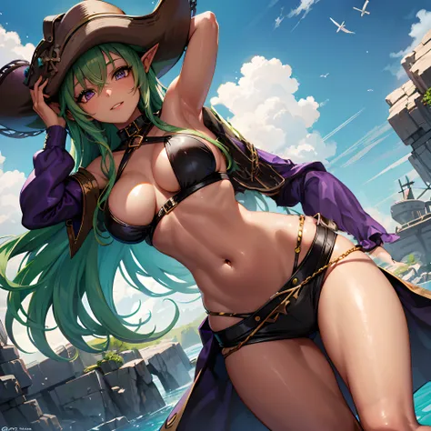 1girl, green hair, long hair, purple eyes, dark skin, elf, pirate, large breasts