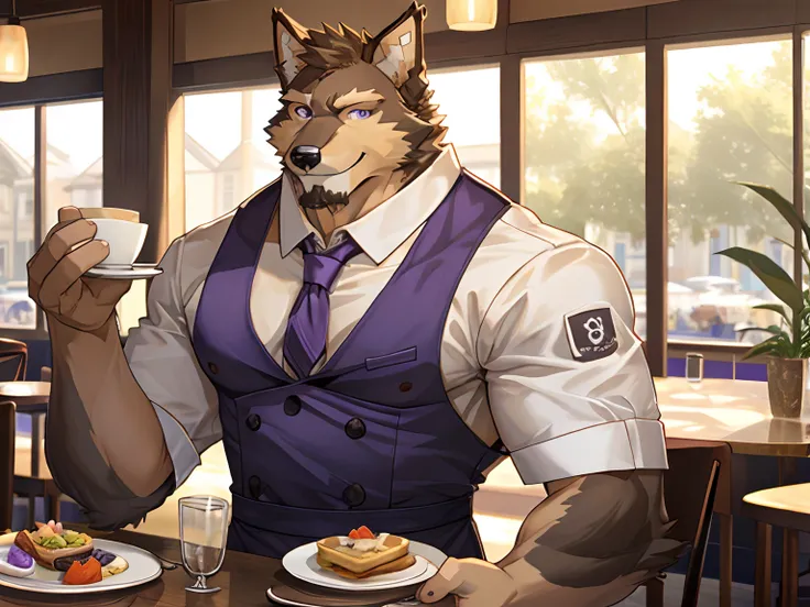 Pubraseer, Furry German shepherd dog, Brown Furs, Two Toned Colors, Purple Detailed Eyes, Muscular body, handsome, good looking, Waiter Set, Smirking, cool pose, Breakfast, Morning Cafe Background.