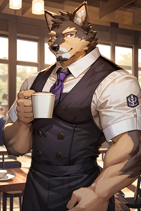 Pubraseer, Furry German shepherd dog, Brown Furs, Two Toned Colors, Purple Detailed Eyes, Muscular body, handsome, good looking, Waiter Set, Smirking, cool pose, Coffee, Breakfast, Morning Cafe Background.