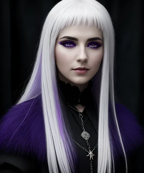 Medieval witch with white hair hair and purple eyes