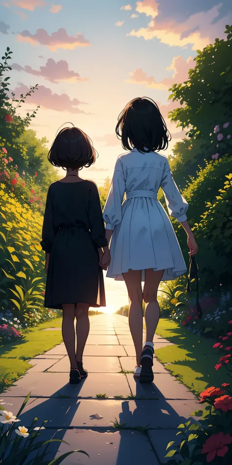 A little black girl with her little white brunette sister holding hands and walking away towards the sunset in a garden in a clipart design