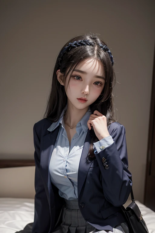 Photo uniform pose(Dark blue blazer、White dress shirts、Charcoal Grape Pleated Skirt)Close up portrait of wearing woman, Braided midlift for black hair、Beautiful Asian Girl, Korean Girl, girl cute-fine face, beautiful Korean women, Gorgeous young Korean wom...