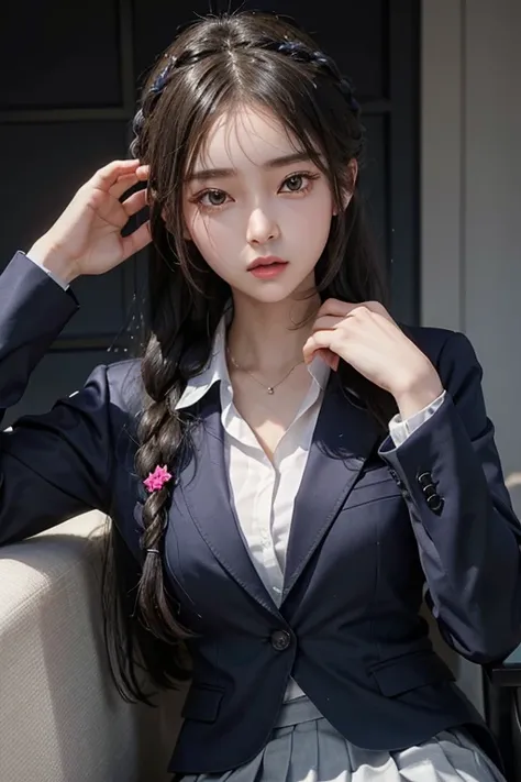 Photo uniform pose(Dark blue blazer、White dress shirts、Charcoal Grape Pleated Skirt)Close up portrait of wearing woman, Braided midlift for black hair、Beautiful Asian Girl, Korean Girl, girl cute-fine face, beautiful Korean women, Gorgeous young Korean wom...