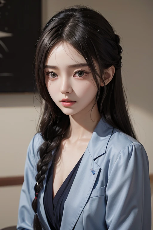 Photo Uniform Pose(Dark blue blazer、White dress shirts、Charcoal Grape Pleated Skirt)Close up portrait of woman wearing it, Braided midlift for black hair、Beautiful Asian Girl, Korean Girl, girl cute-fine face, beautiful Korean women, Gorgeous young Korean ...