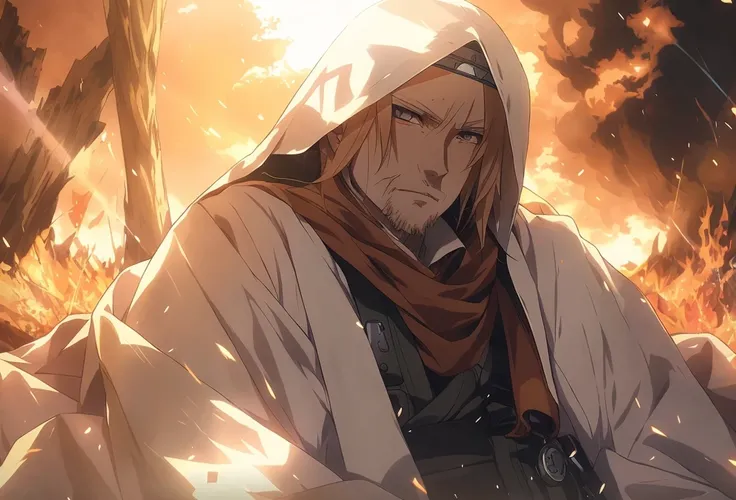 Anime characters sitting on grass，The background is fire, hide the pain harold, old jedi master, Walter White is in《attack on titans》curly, Alphonse mucha and rossdraws, Guilty Gear strives to splash art, portrait of hide the pain harold, makoto sinkai, Fr...