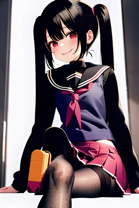 Loli,pantyhose,serafuku,sitting,smile,miniskirt,twintails,Black hair