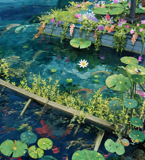 (masterpiece:1.2), best quality,fantasy,
scenery, overlooking, water, no man, flower, lily pad, outdoors, the fish