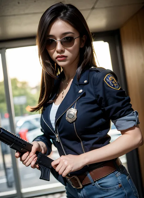 （realphoto、high-definition picture、top-quality、Raw photo）、PR Poster for Drama, Secret Investigator, Medium-breasted women,Wearing teardrop sunglasses, Blue Denim Pants, Holster and magazine on belt, Brown leather jacket, rivet, Police officer badge on ches...