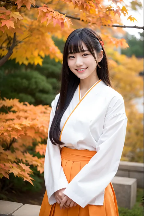 girl in old-Japan school yard with autumn leaves,very long sleeved sheer white hakama top and orange hakama bottom,white tabi socks,hair orange string bow,18-year-old,bangs,a little smiles,knees,from below