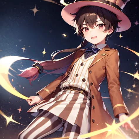 A boy with pink skin and galaxy antlers wearing a brown tophat with a brown striped shirt