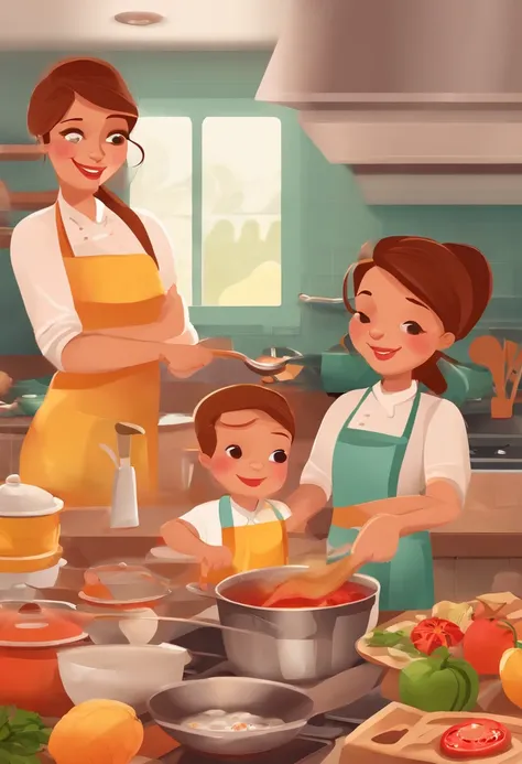 Mom and kids cook，Bright tones，the background is clean