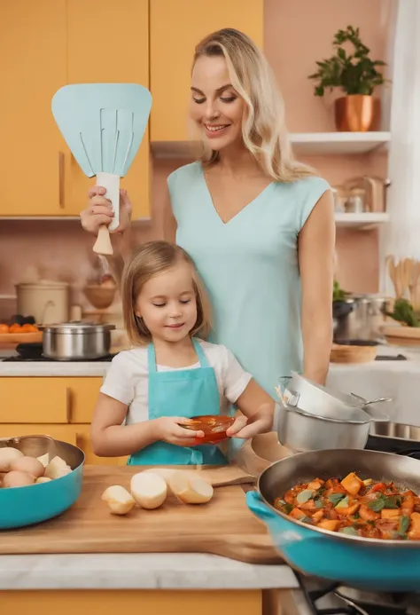 Mom and kids cook，Bright tones，the background is clean