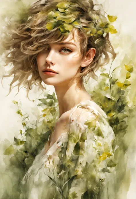 portrait of pretty girl, short messy hair, wearing botanical fashion,