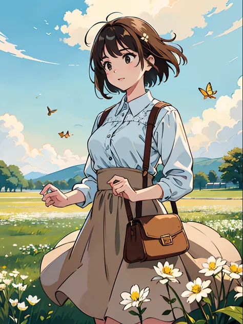 High Detail, Ultra Detail, Ultra High Resolution Light brown eyebrows, short brown hair girl enjoying her time in open field, surrounded by the beauty of nature, warm sun sprinkling on her, white flowers gently swaying in the breeze. Butterflies and birds ...